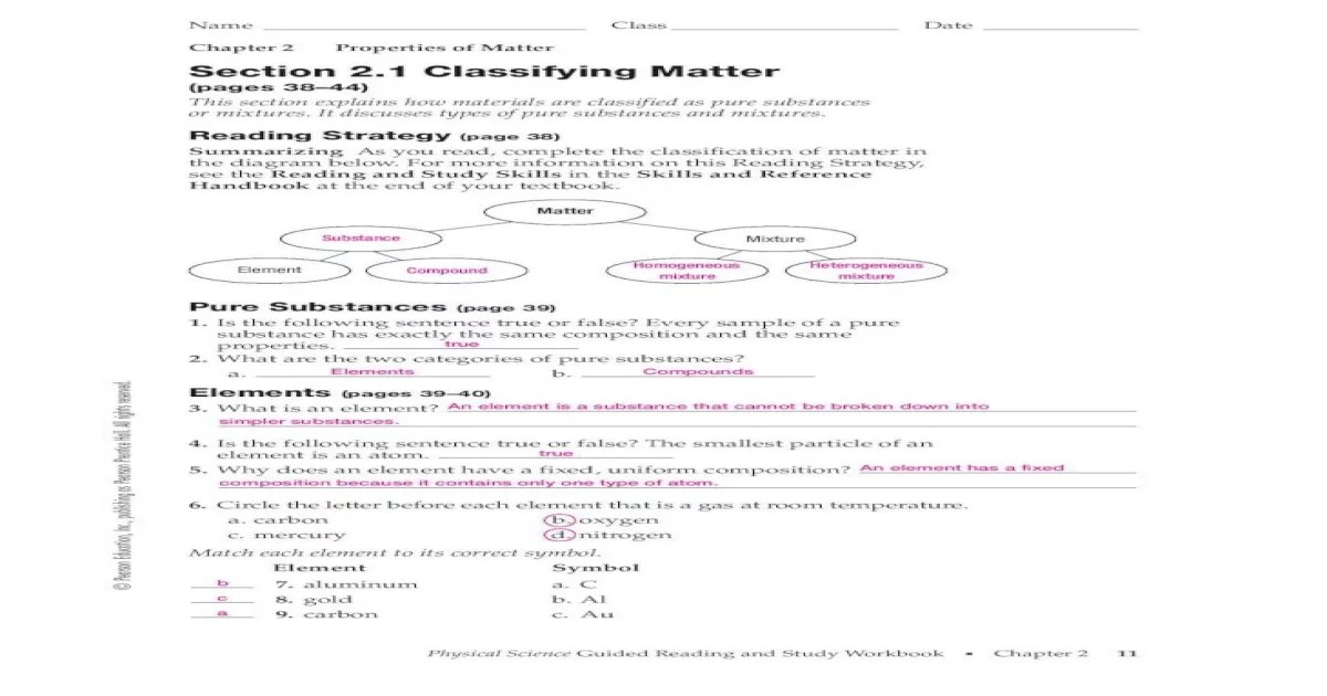 Section 2.1 classifying matter answer key